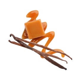 Image of Sweet caramel candy and vanilla pods isolated on white, top view