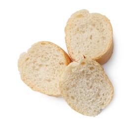 Photo of Pieces of fresh baguette isolated on white, top view