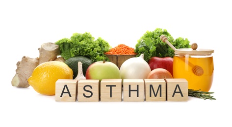 Photo of Natural products and cubes with space for text on white background. Home remedies for asthma