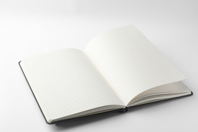 Photo of Stylish open notebook with blank sheets isolated on white