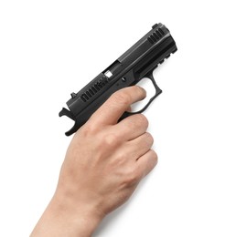 Photo of Man holding semi-automatic pistol on white background, closeup. Space for text