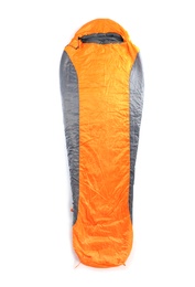 Photo of Sleeping bag on white background, top view. Camping equipment