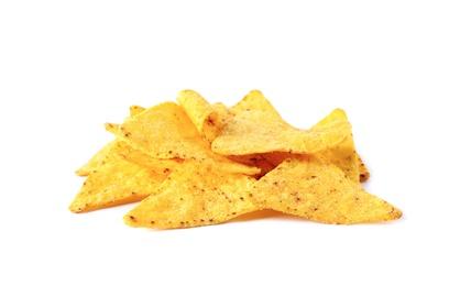 Photo of Pile of tasty Mexican nachos chips on white background