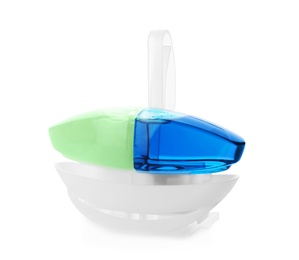 Photo of Toilet rim block on white background. Air freshener
