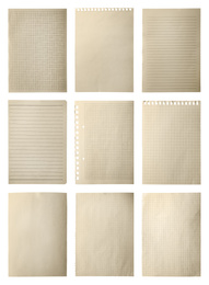 Image of Set of different old notebook papers on white background