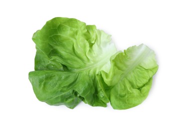 Photo of Fresh green butter lettuce leaves isolated on white, top view