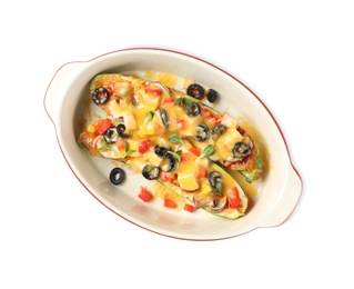 Photo of Baking dish with delicious stuffed zucchinis on white background, top view