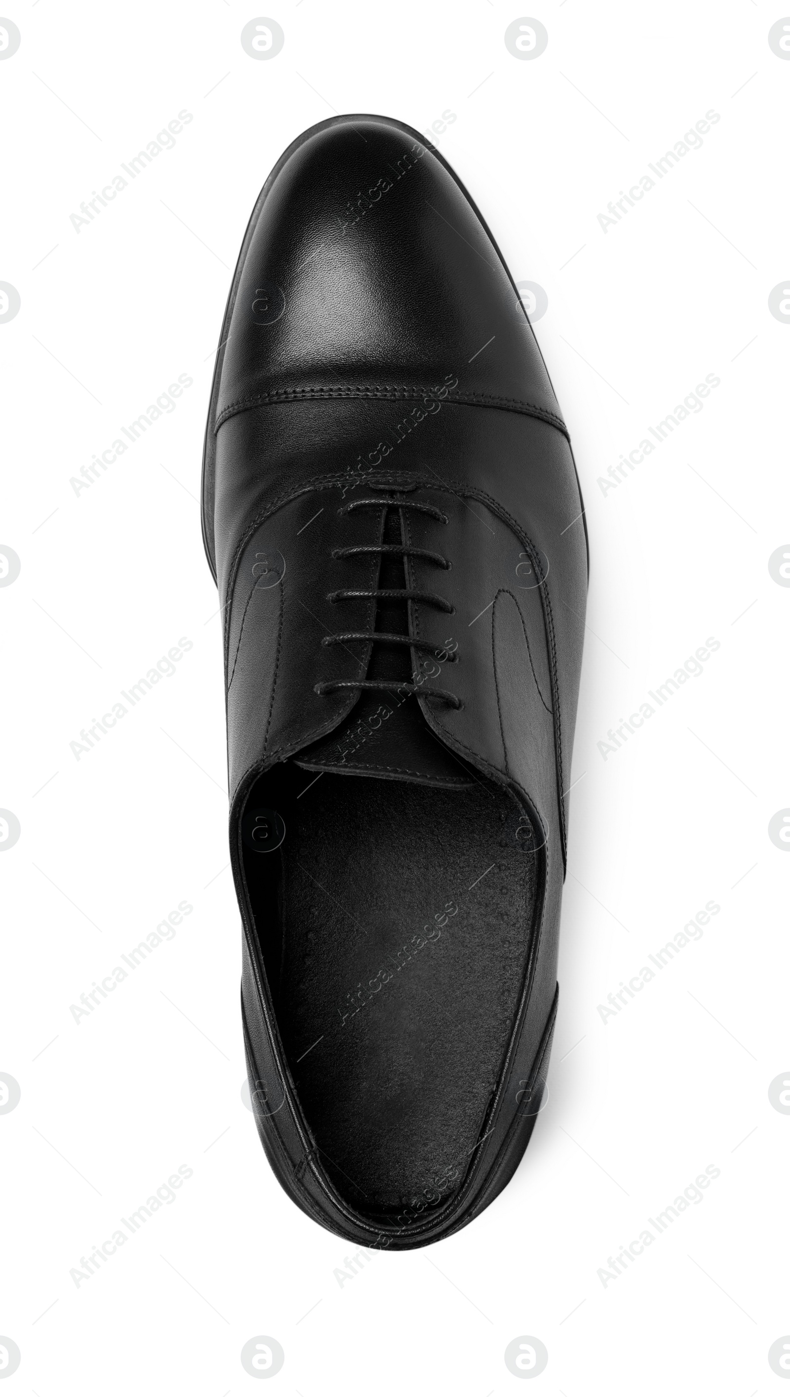 Photo of Black leather men shoe isolated on white, top view