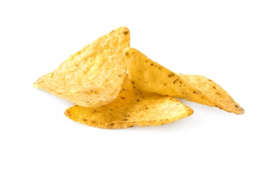 Photo of Tasty Mexican nachos chips on white background