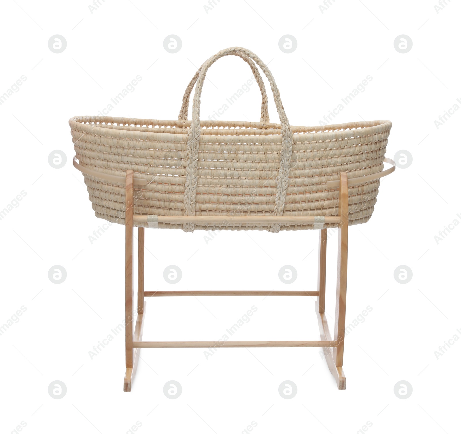 Photo of Wicker crib on white background. Interior element