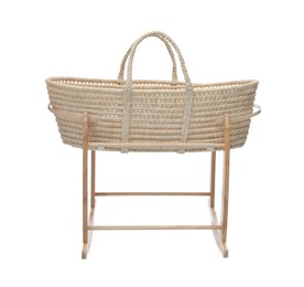 Photo of Wicker crib on white background. Interior element