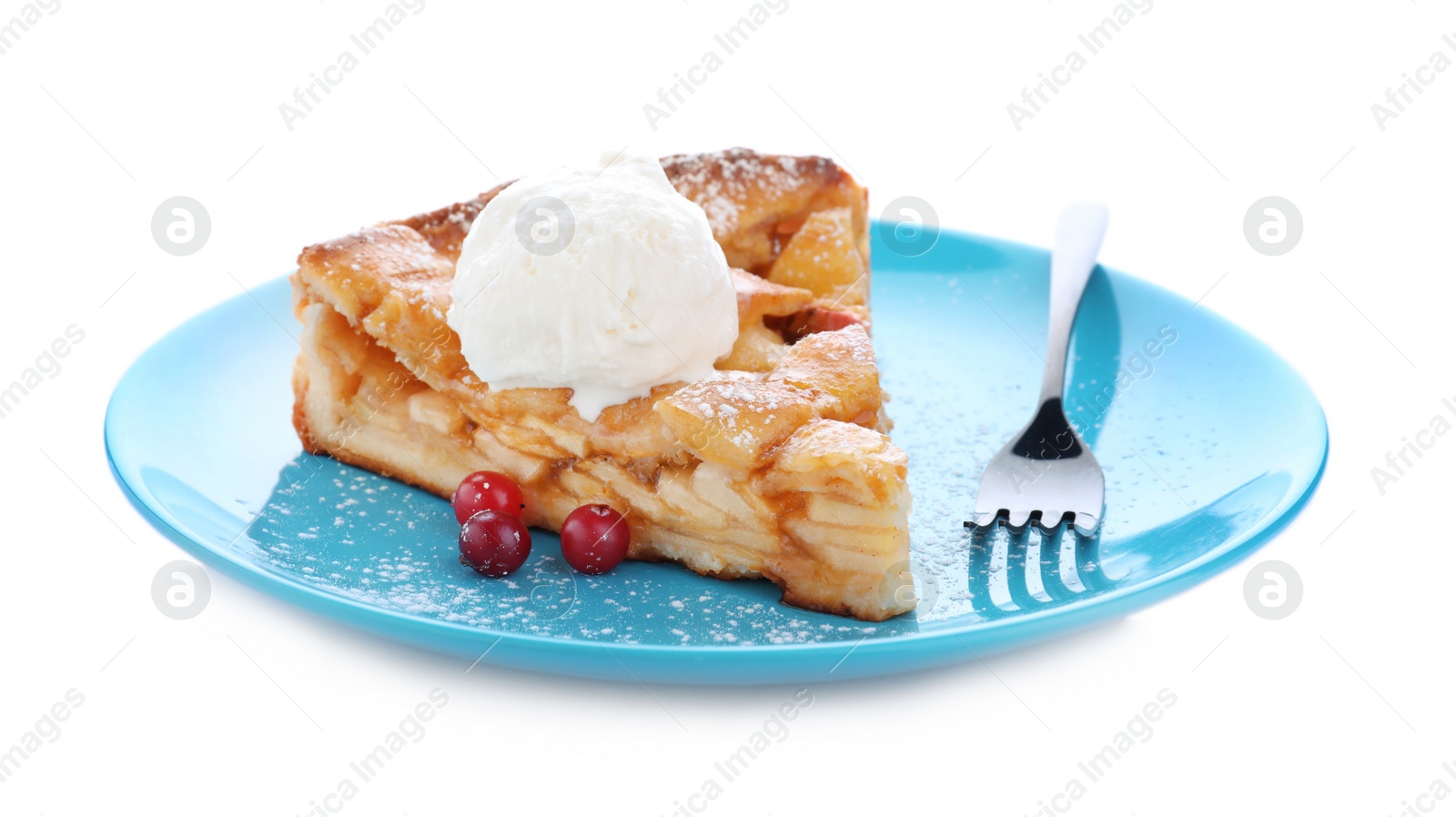 Photo of Slice of traditional apple pie with ice cream on white background