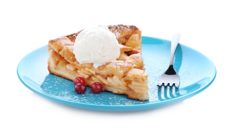 Slice of traditional apple pie with ice cream on white background