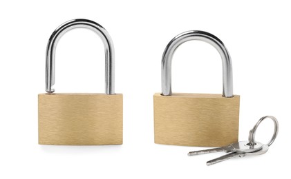 Image of Steel padlock isolated on white, open and locked