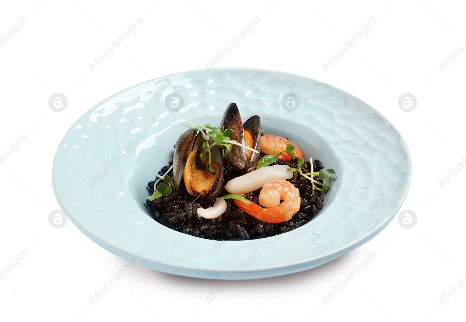 Photo of Delicious black risotto with seafood isolated on white