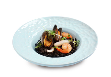 Photo of Delicious black risotto with seafood isolated on white