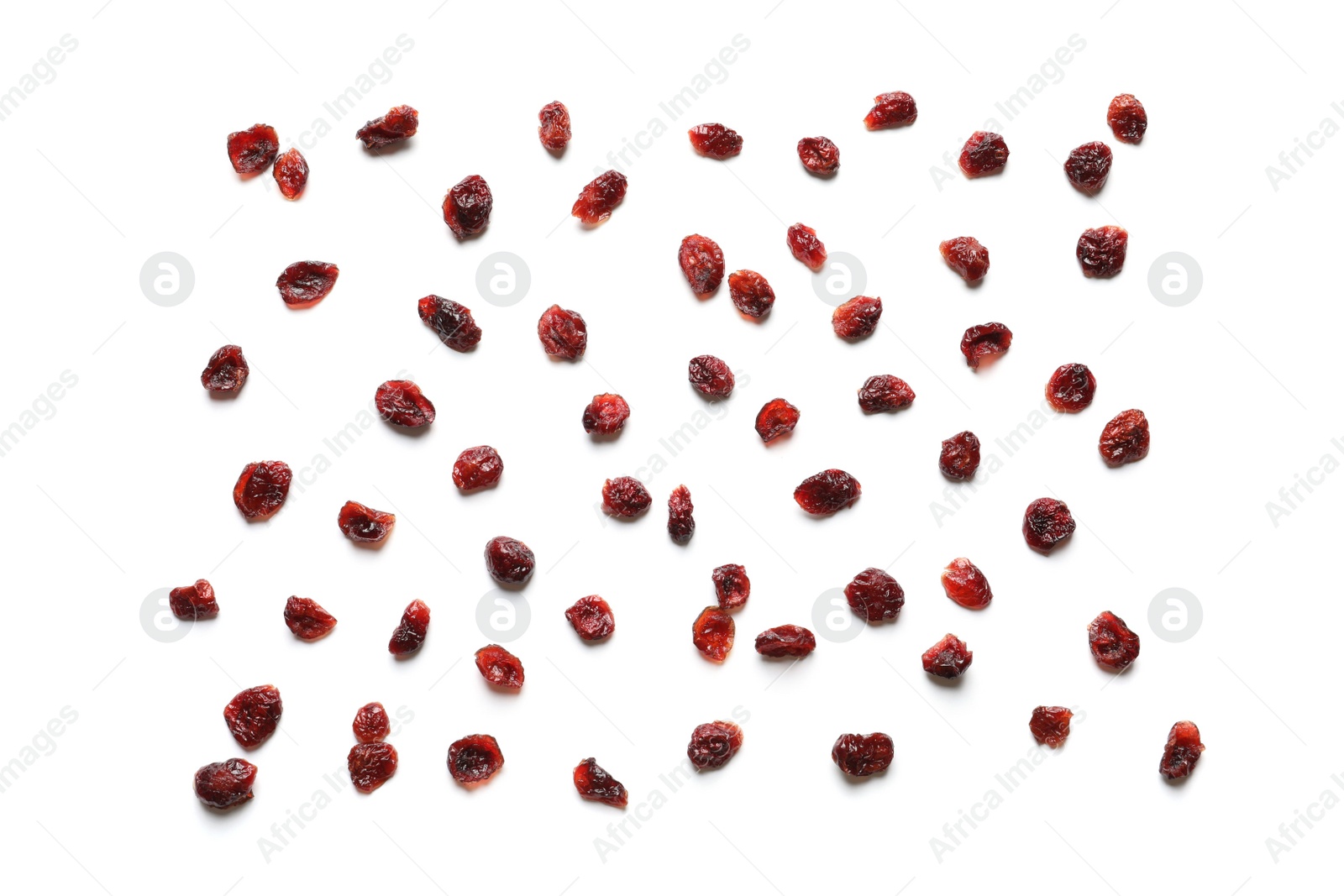 Photo of Flat lay composition of cranberries on white background. Dried fruit as healthy snack