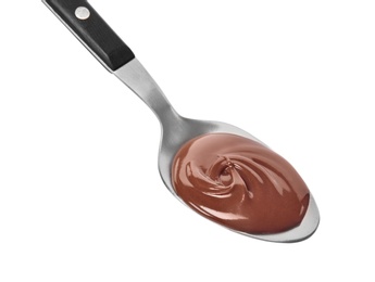 Photo of Spoon with sweet chocolate cream on white background