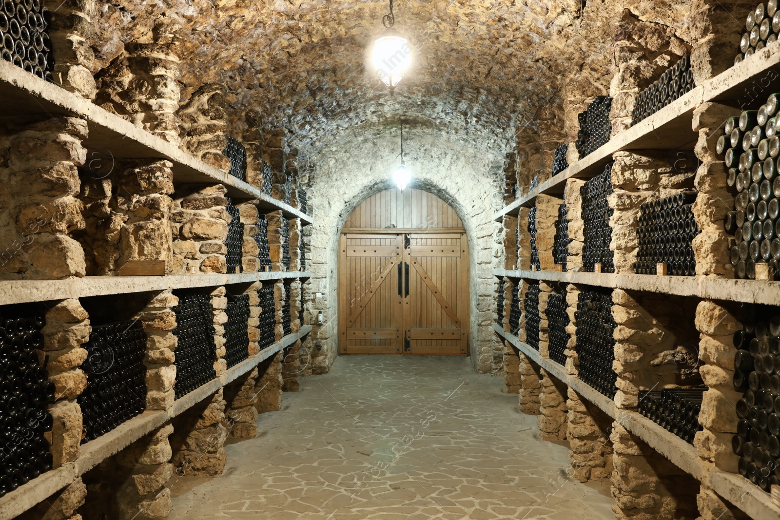 Photo of Wine cellar interior with many bottles on shelves