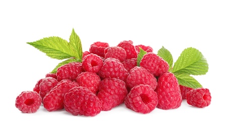 Delicious ripe sweet raspberries with leaves isolated on white