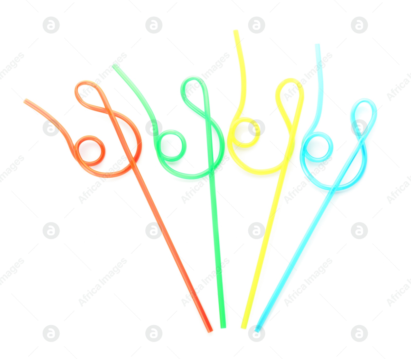 Photo of Color plastic cocktail tubes on white background, top view