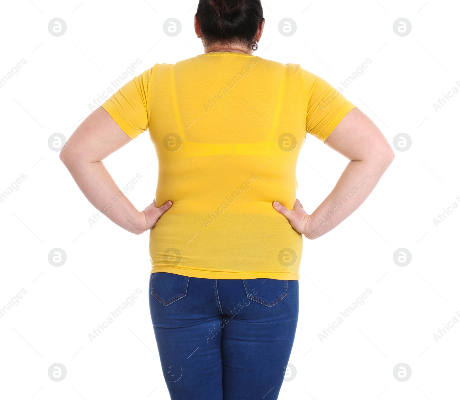 Photo of Overweight woman on white background, closeup. Weight loss