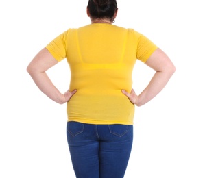 Photo of Overweight woman on white background, closeup. Weight loss