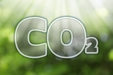 Image of Concept of clear air. CO2 inscription on blurred green background