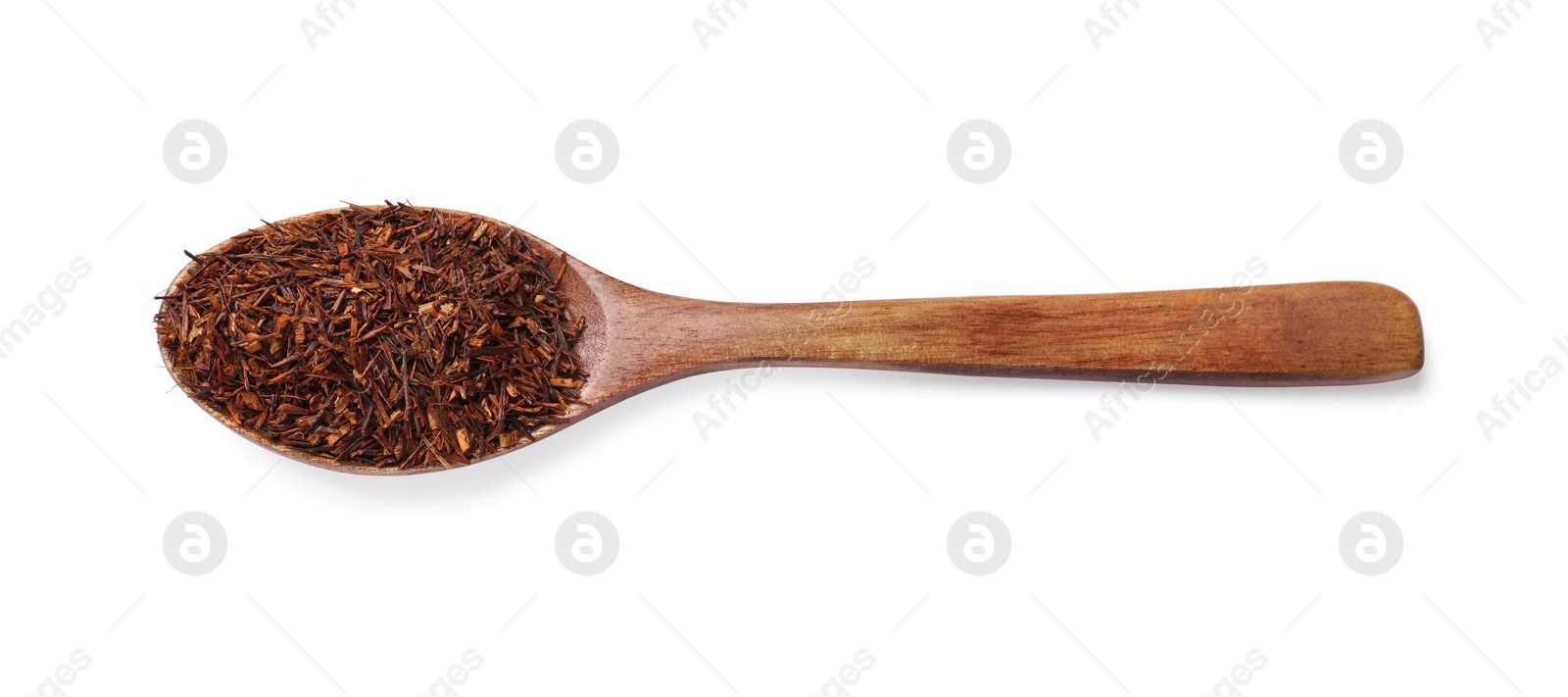 Photo of Rooibos tea in spoon isolated on white, top view