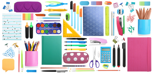Image of Set of bright school stationery on white background. Banner design