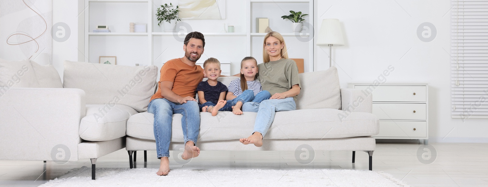 Image of Happy family with children at home. Banner design