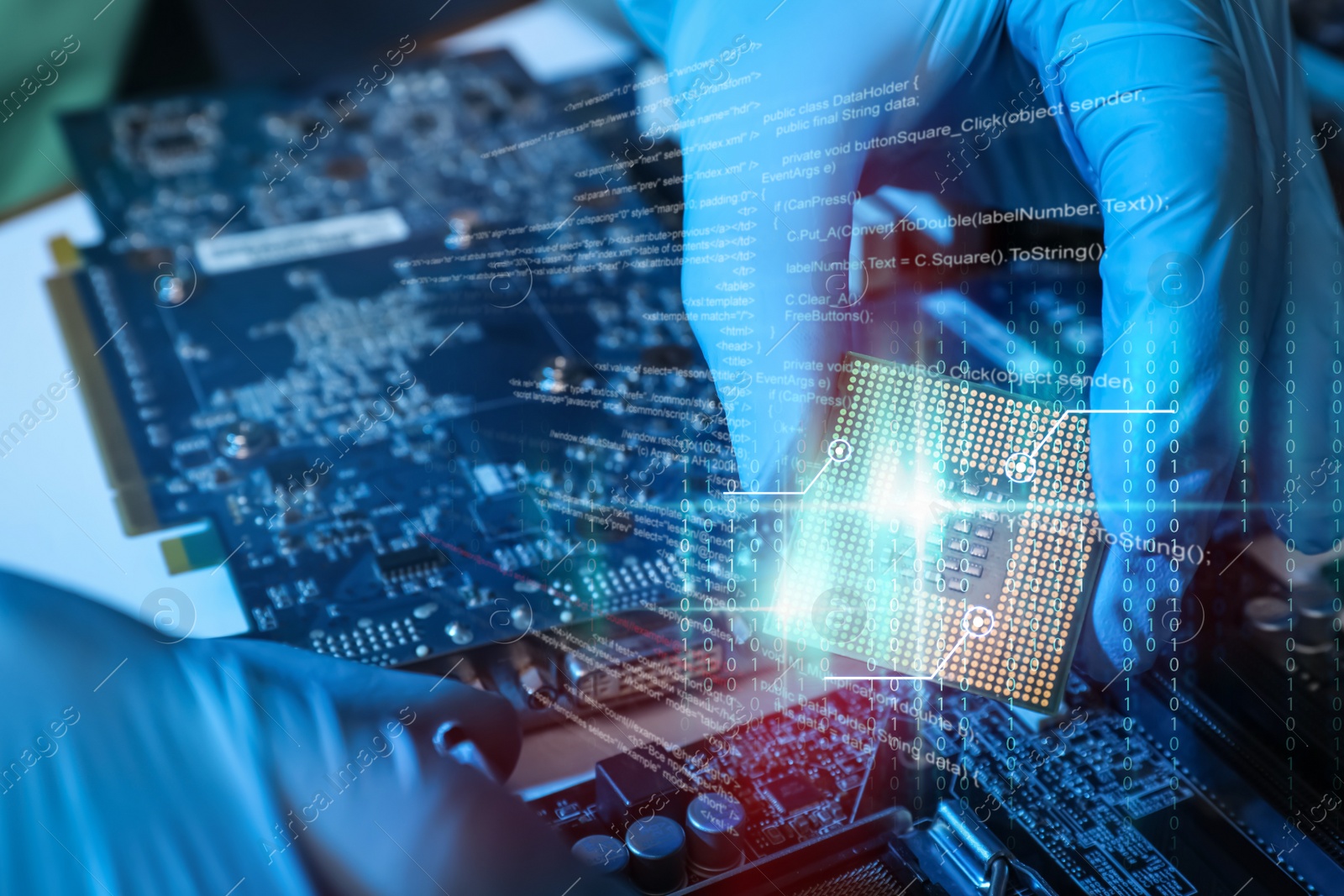 Image of Technician repairing computer motherboard, closeup. Electronic device