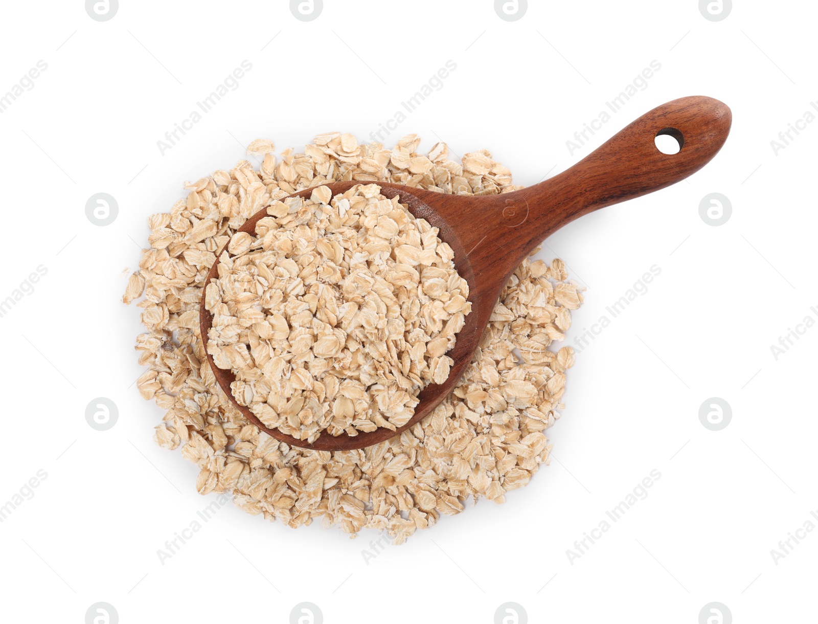 Photo of Wooden spoon with oatmeal isolated on white, top view