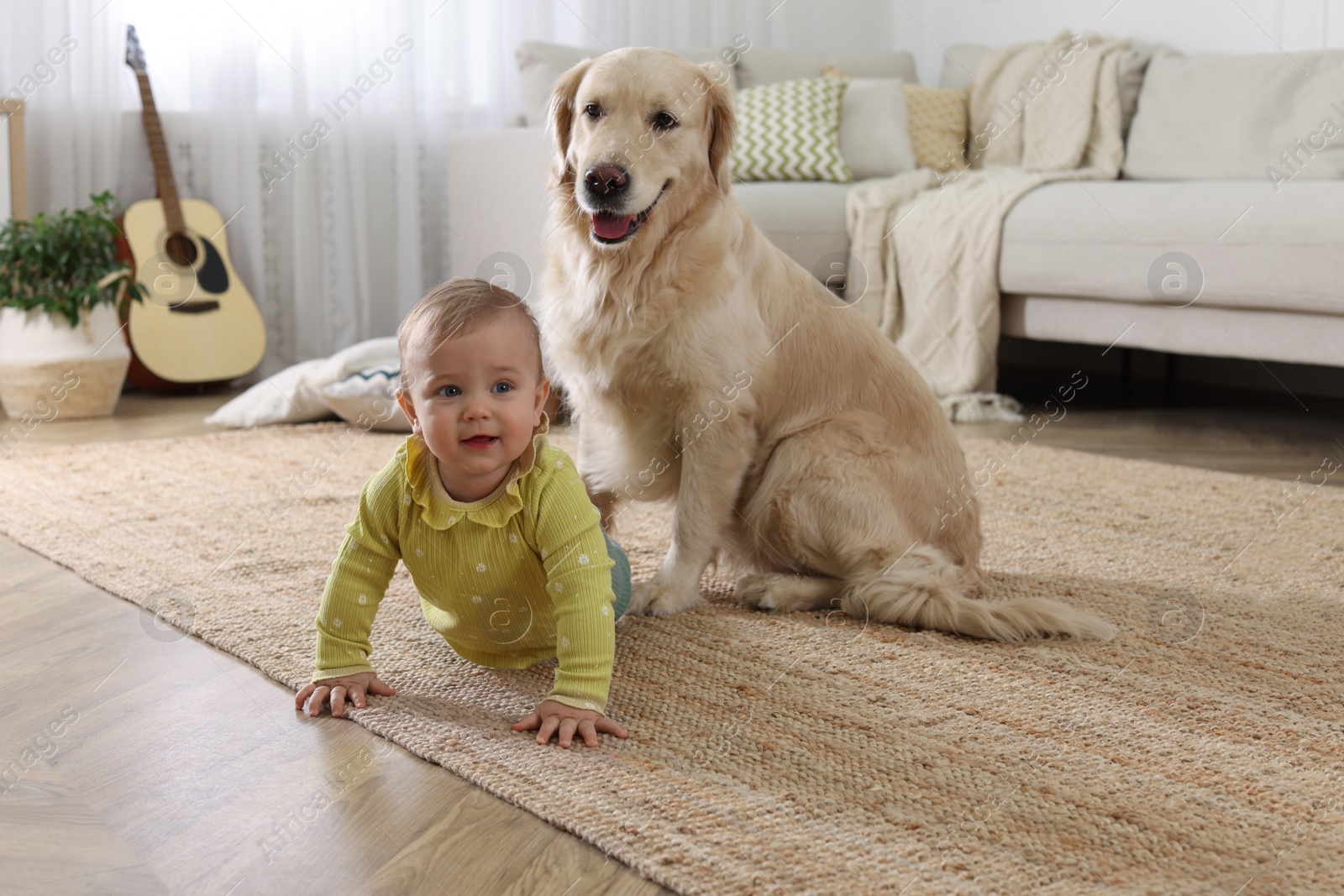 Photo of Cute little baby with adorable dog on floor at home