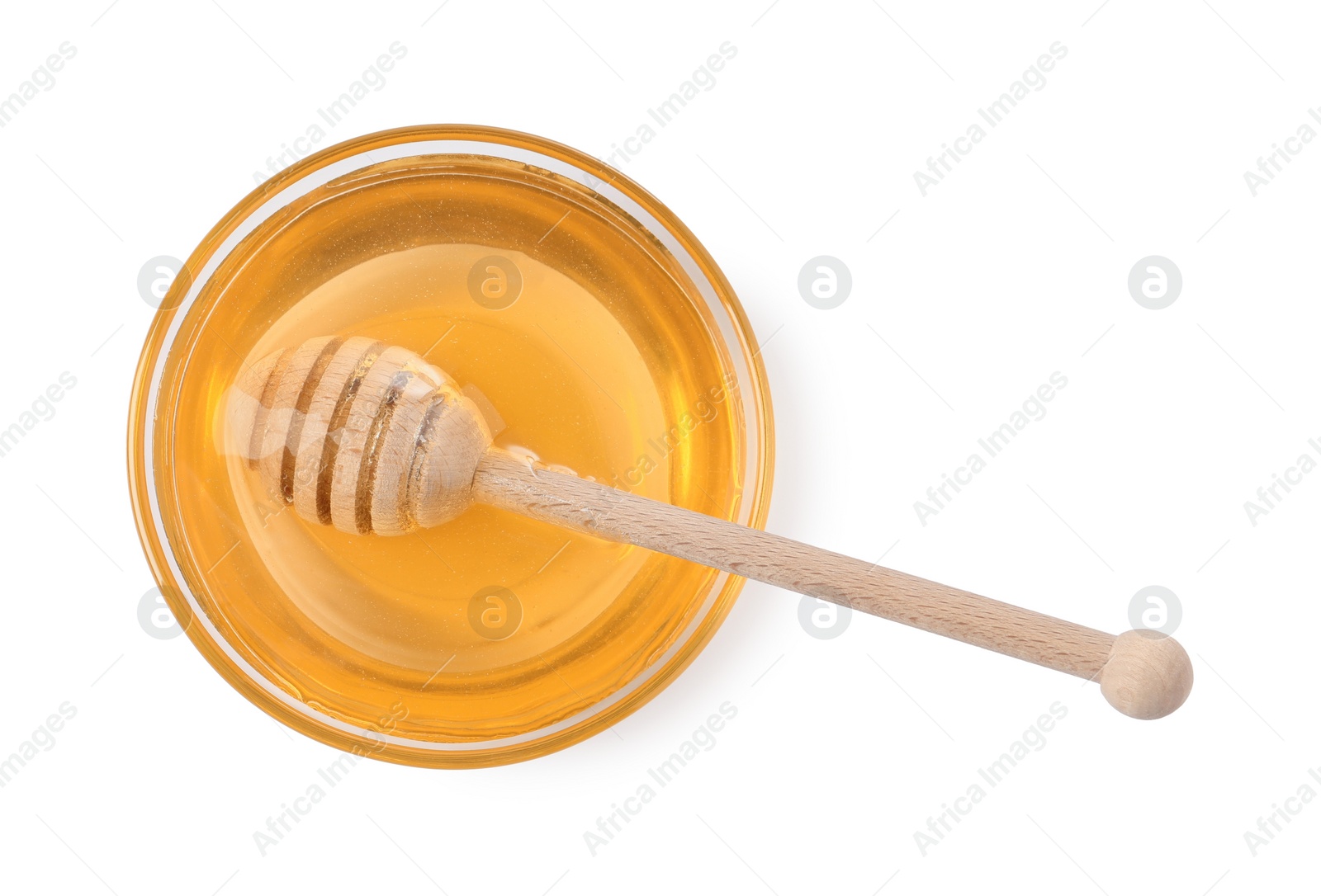 Photo of Tasty honey in bowl and dipper isolated on white, top view