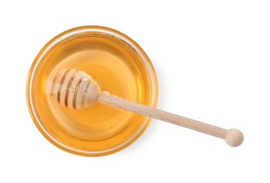 Tasty honey in bowl and dipper isolated on white, top view