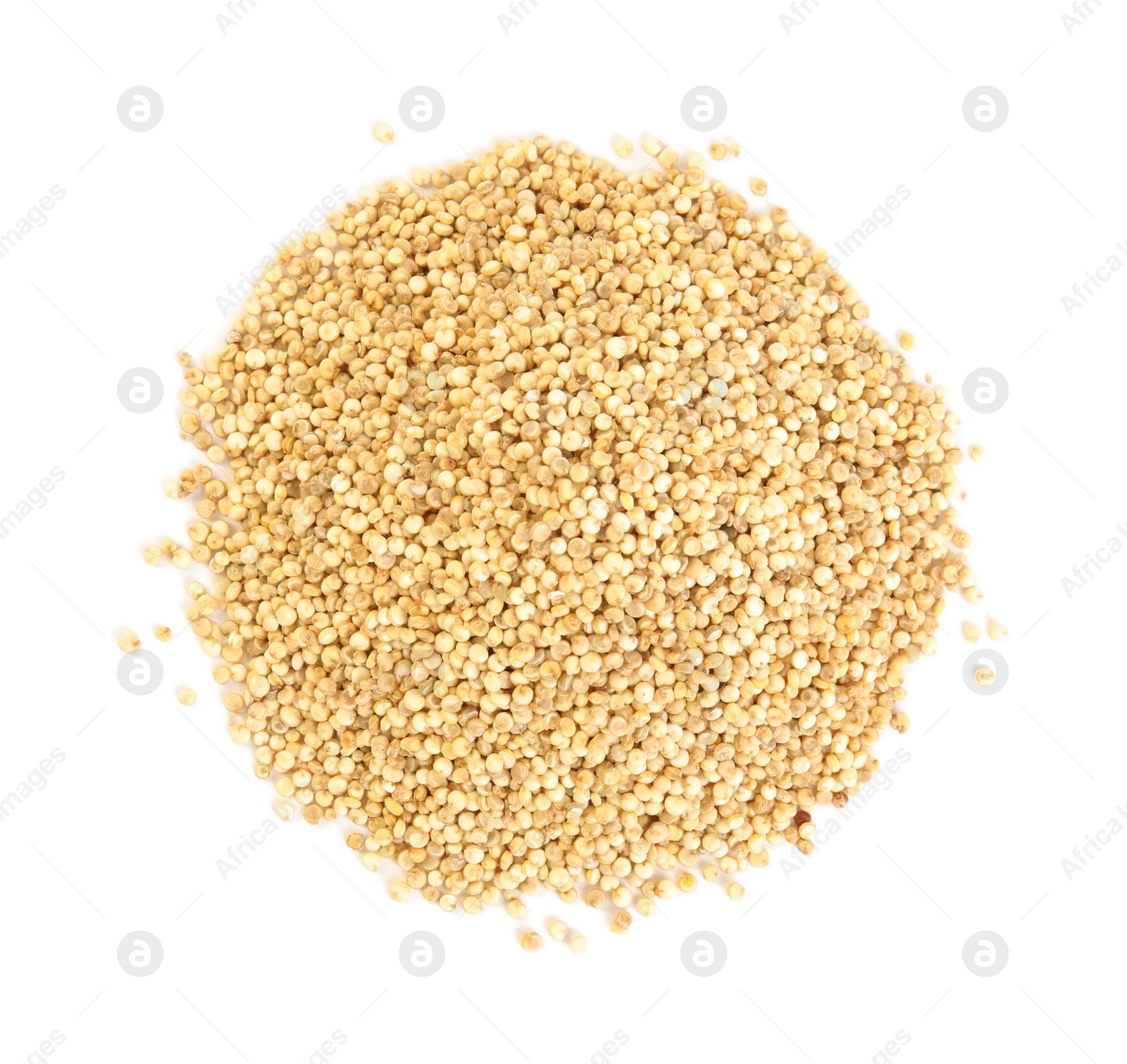 Photo of Pile of raw quinoa grains on white background, top view