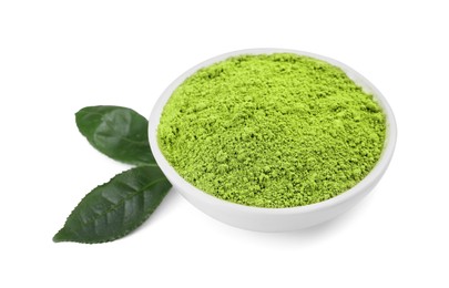 Photo of Leaves and bowl of matcha powder isolated on white