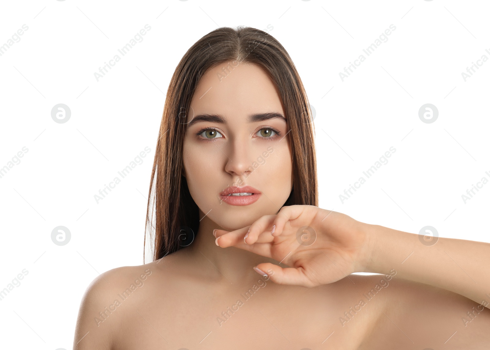 Photo of Portrait of young woman with beautiful face on white background