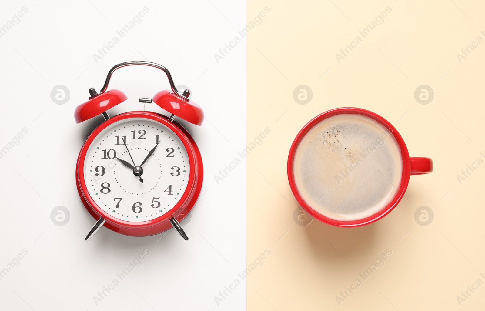 Photo of Cup of hot coffee and alarm clock on color background, flat lay