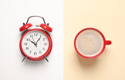 Cup of hot coffee and alarm clock on color background, flat lay