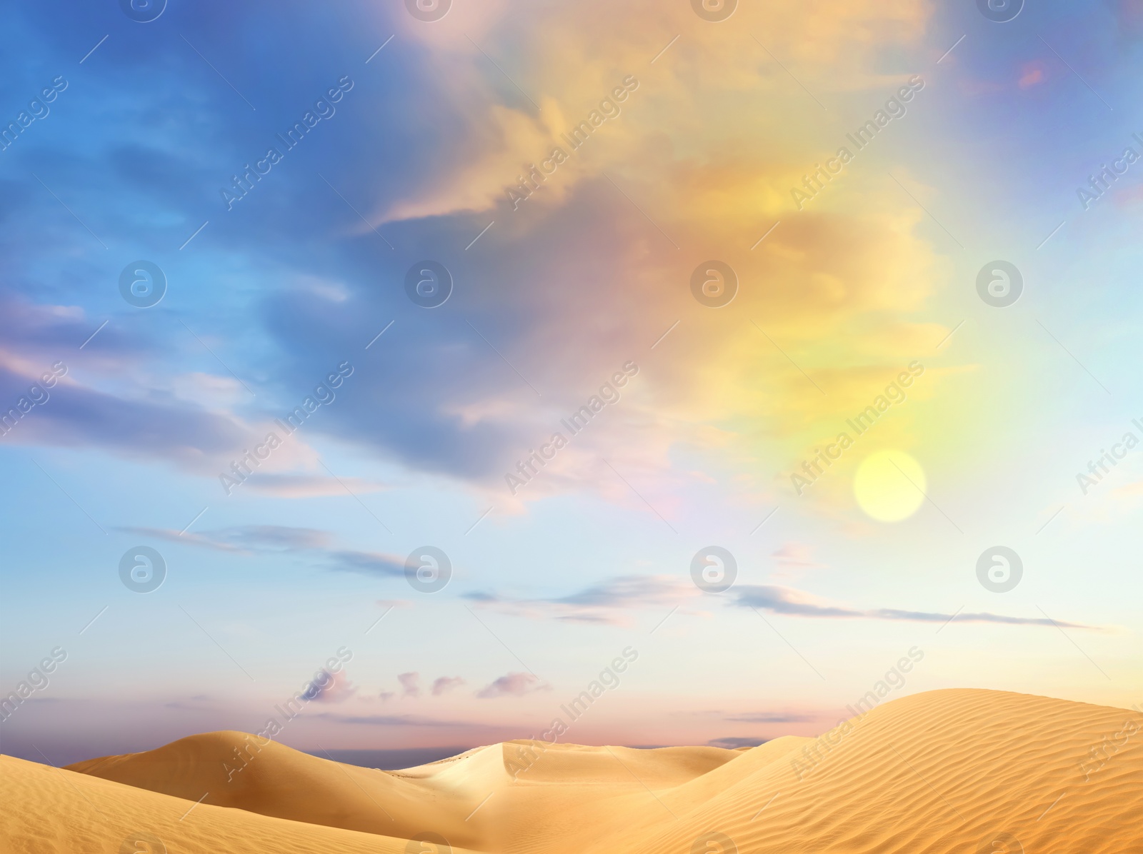 Image of Beautiful view of sandy desert at sunset