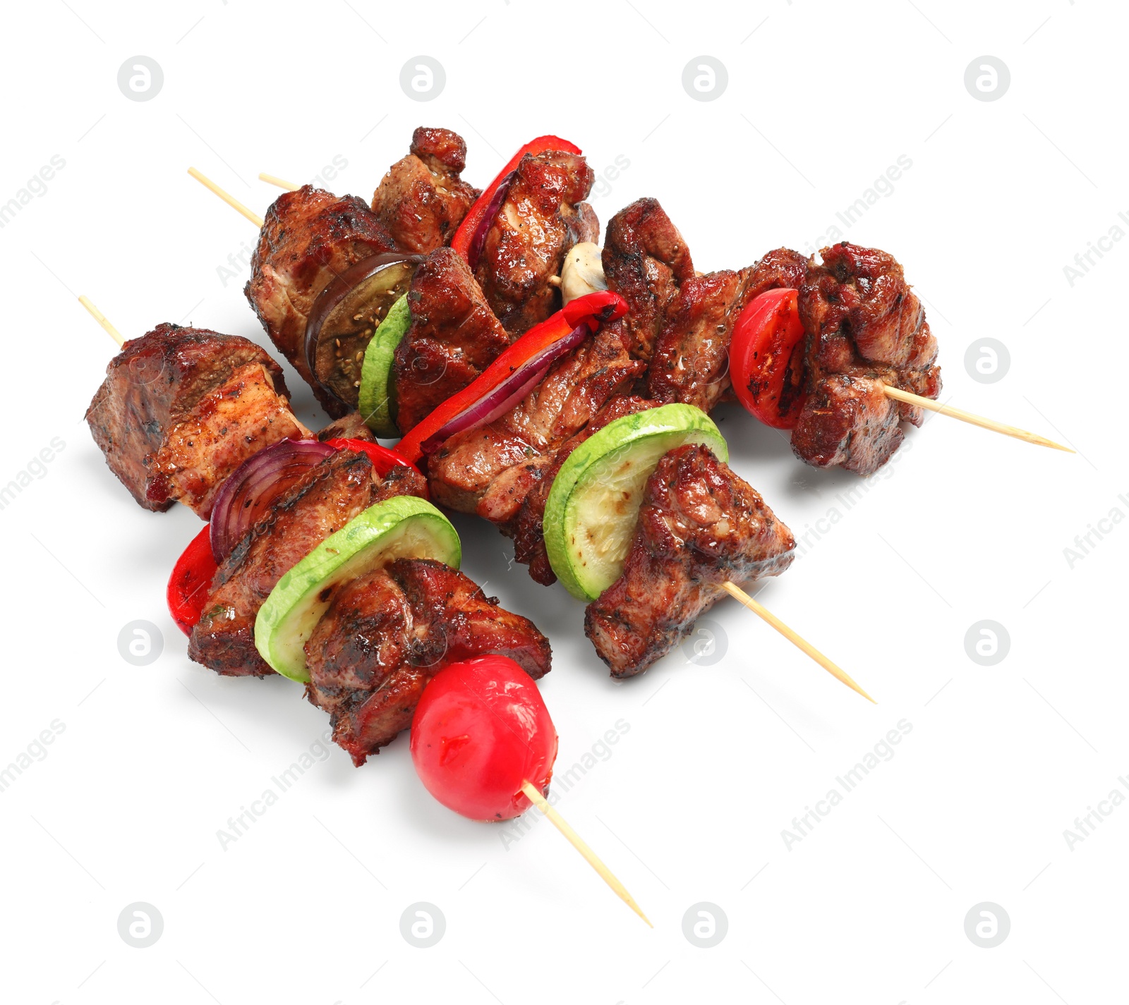 Photo of Delicious shish kebabs with vegetables isolated on white