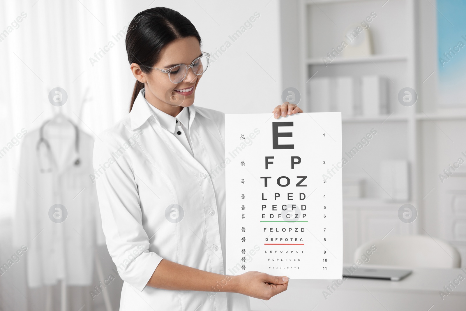 Photo of Ophthalmologist with vision test chart in clinic