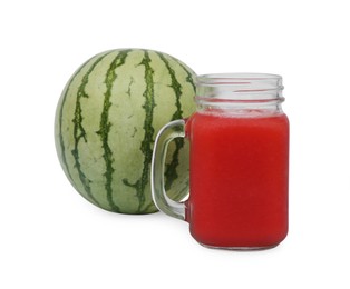 Photo of Mason jar of delicious watermelon drink and fresh fruit isolated on white