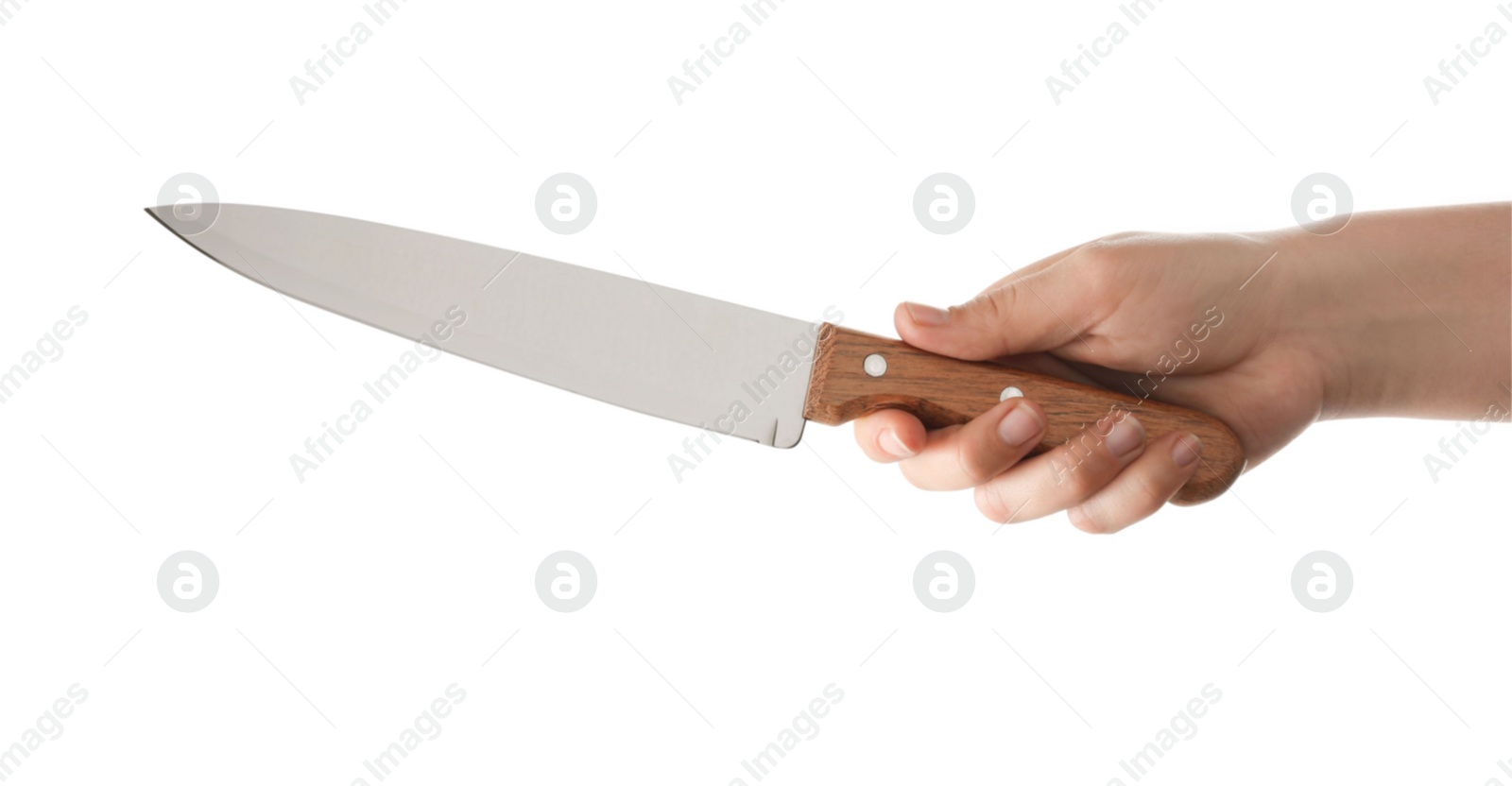 Photo of Woman holding knife on white background, closeup