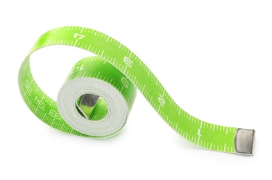 Long green measuring tape isolated on white