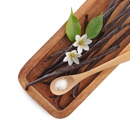 Photo of Vanilla pods, flowers, leaves and spoon with sugar isolated on white, top view