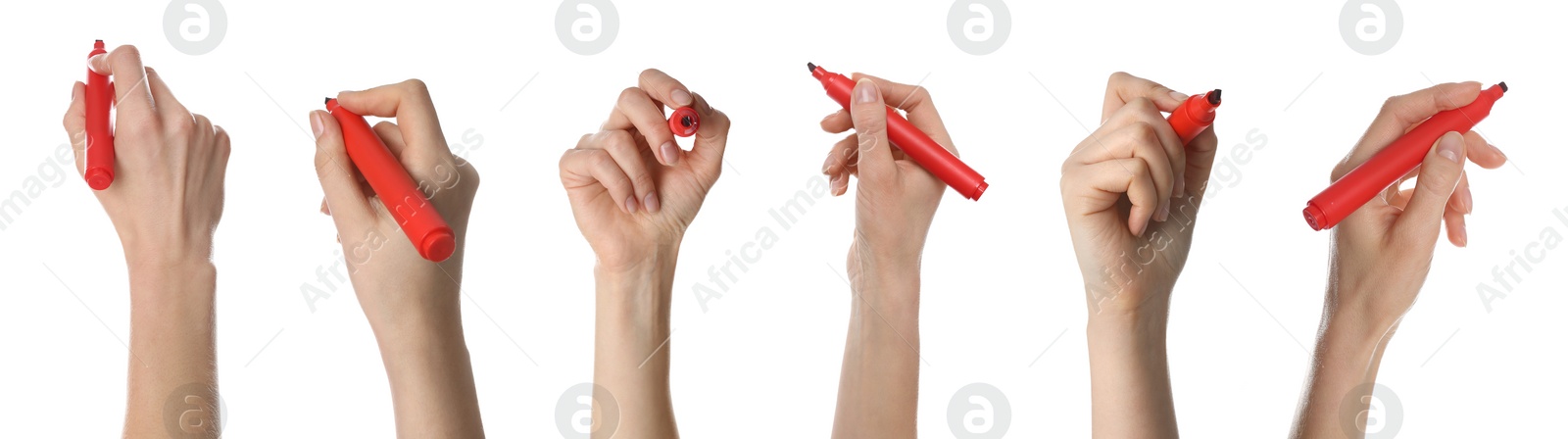 Image of Collage with photos of woman holding red markers on white background, closeup