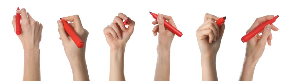 Collage with photos of woman holding red markers on white background, closeup